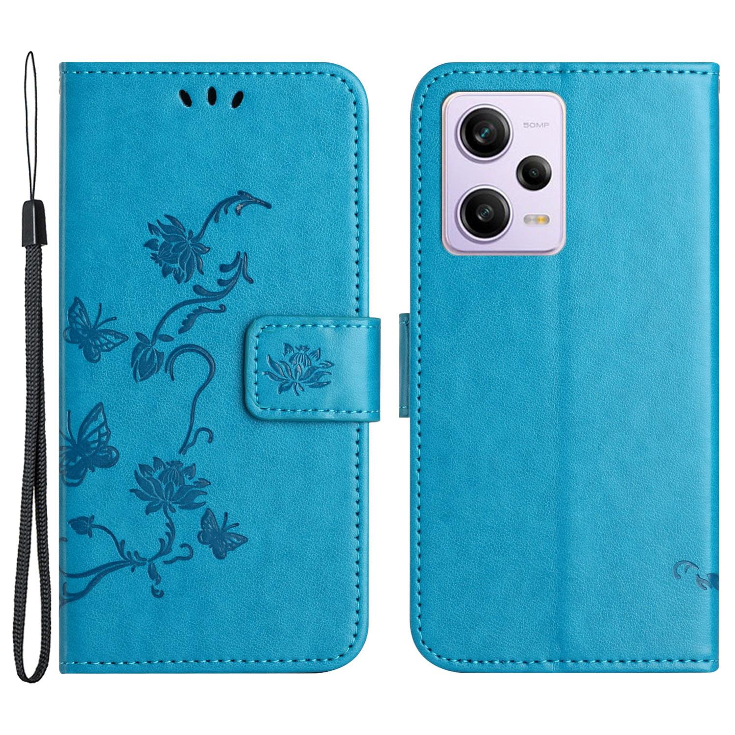 

Shockproof Phone Case For Xiaomi Redmi Note 12 Pro+ 5G,PU Leather Phone Cover with Imprinted Butterfly Flower Pattern and Stand Wallet Blue