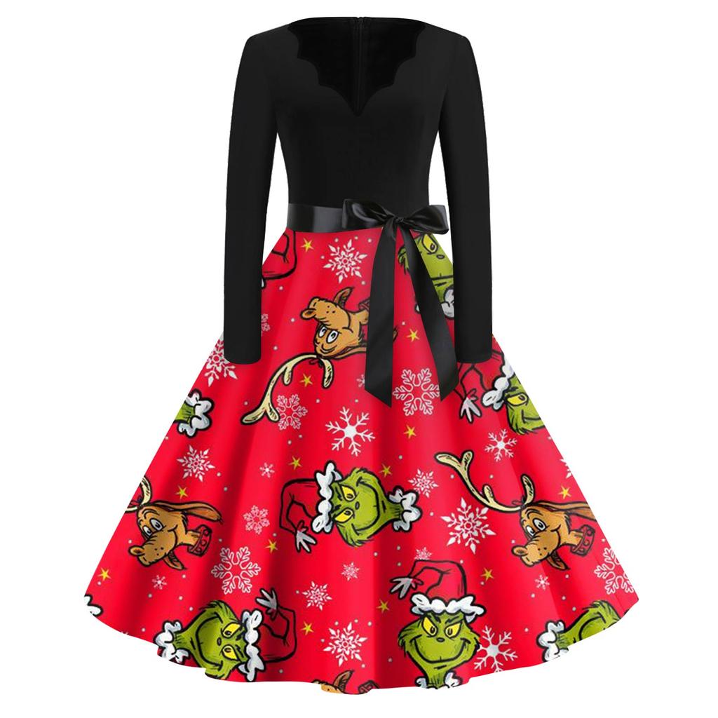 Women's Fashion V-neck Casual Slim-fit Christmas Print Long-sleeved Dress