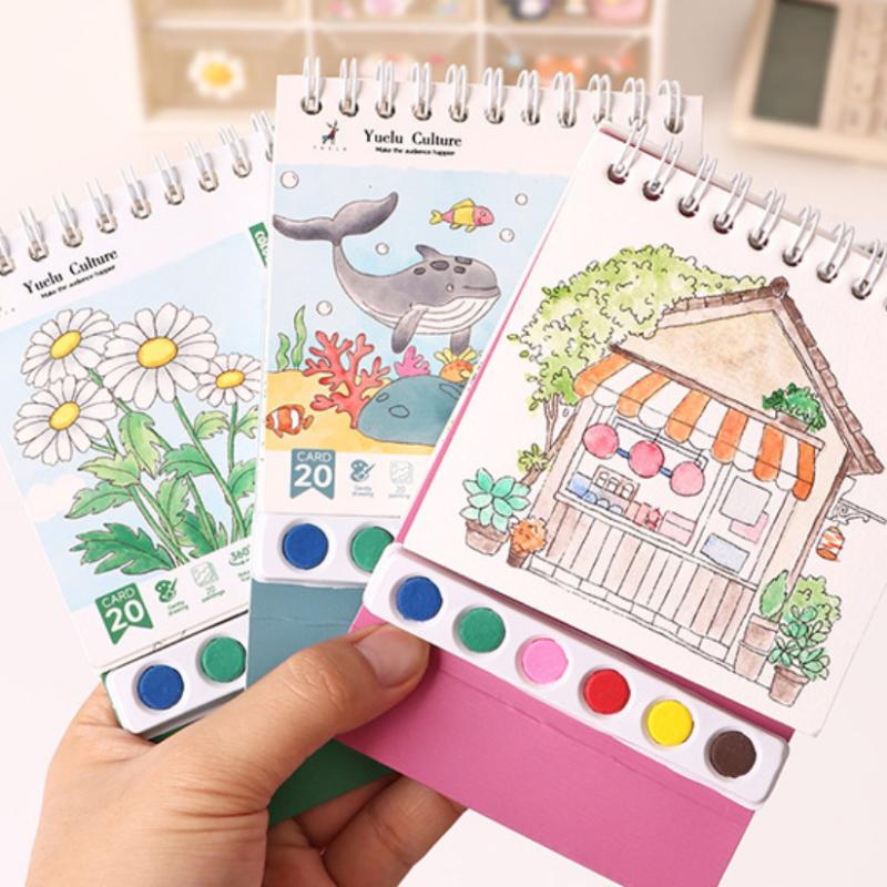 1 Set Desktop Ornament Coil Vertical Watercolor Painting Diy Watercolor Graffiti Book With Built-In Paint Coloring Picture Book