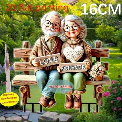 Décoration Piquet de Jardin Romantique 2D Grand-parents sur Banc pour Pelouse Pot de Fleurs Terrasse, Cadeau Idéal Festival & Personnes Âgées, Ornement de Jardin Parfait