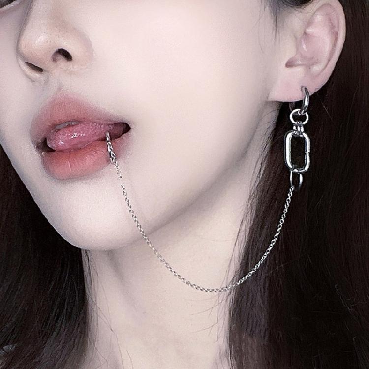 Metal Fake Earrings Lip Ring with Long Chains Non-Piercings Earring Ear Clip