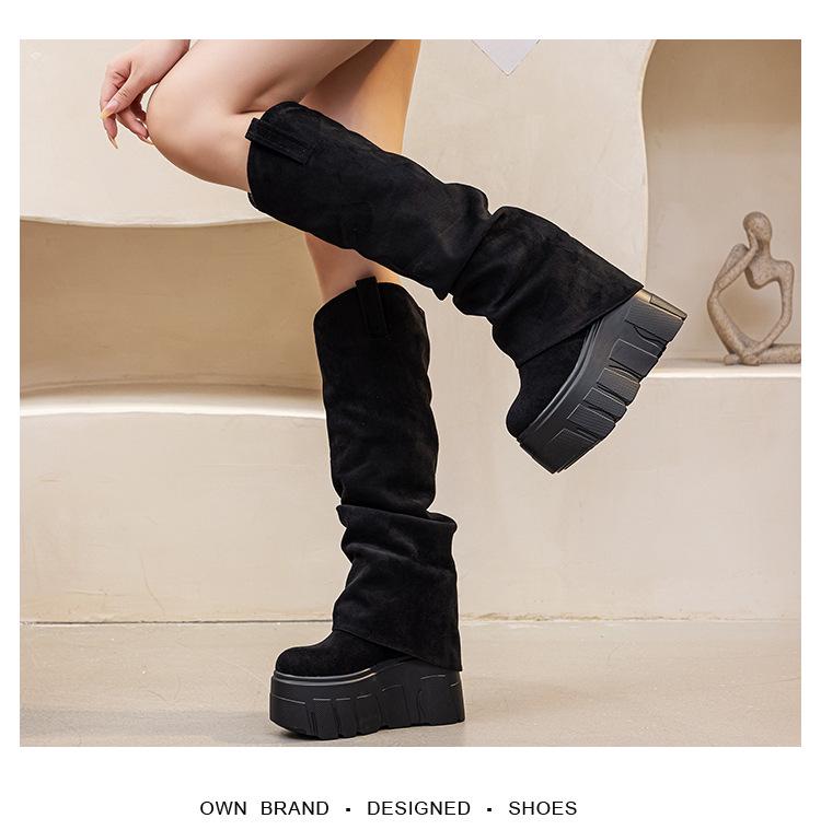 2025 Autumn/Winter Women's Ruched Suede High-Top Boots with Thick Soles and Hidden Height Increase