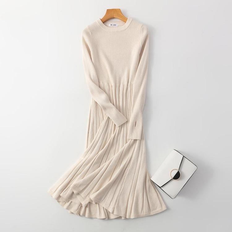 

Шикарное ребристое трикотажное платье-свитер, длинный А-силуэт с длинными рукавами, толстый пуловер для вечеринки осень-зима OneSize абрикосовый