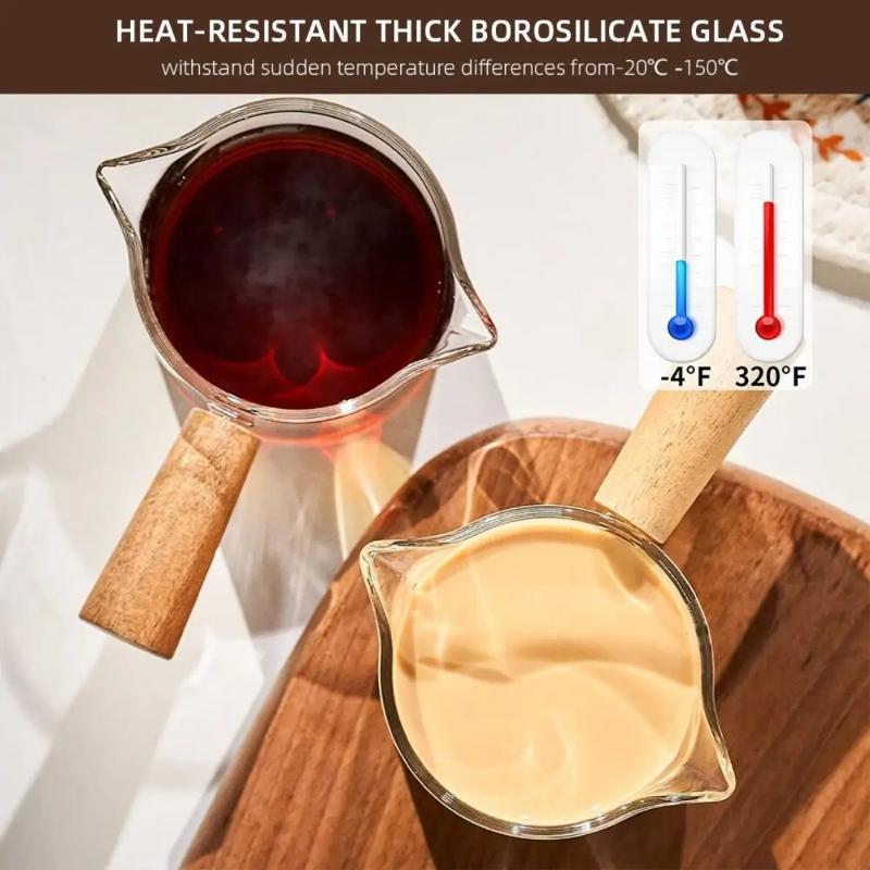Espresso Measuring Cup 75ml Double Spout Milk Jug with Wooden Handle and Scale for Barista Coffee Latte Extraction Shot Glass