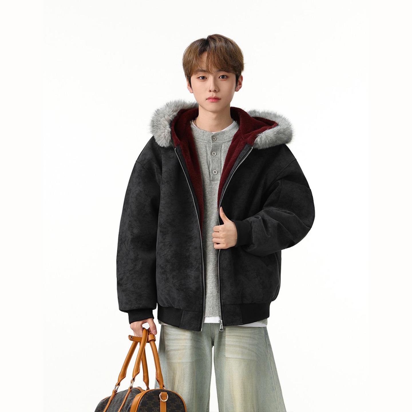 

Men s & Women s Winter Reversible Heavyweight PU Leather Jacket with Fur Collar & Thickened Velvet Lining 2XL [Recommended 145-165 lbs] чорний