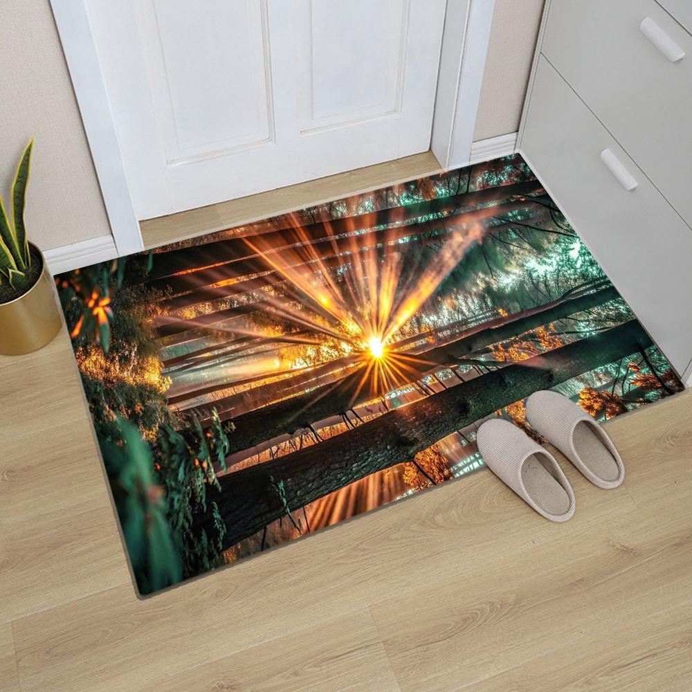 Natural Scenery Pattern Door Mat Forest Stream Mountain Road Designs Sunlight Effects NonSlip Floor Mat for Home Entrance Decor
