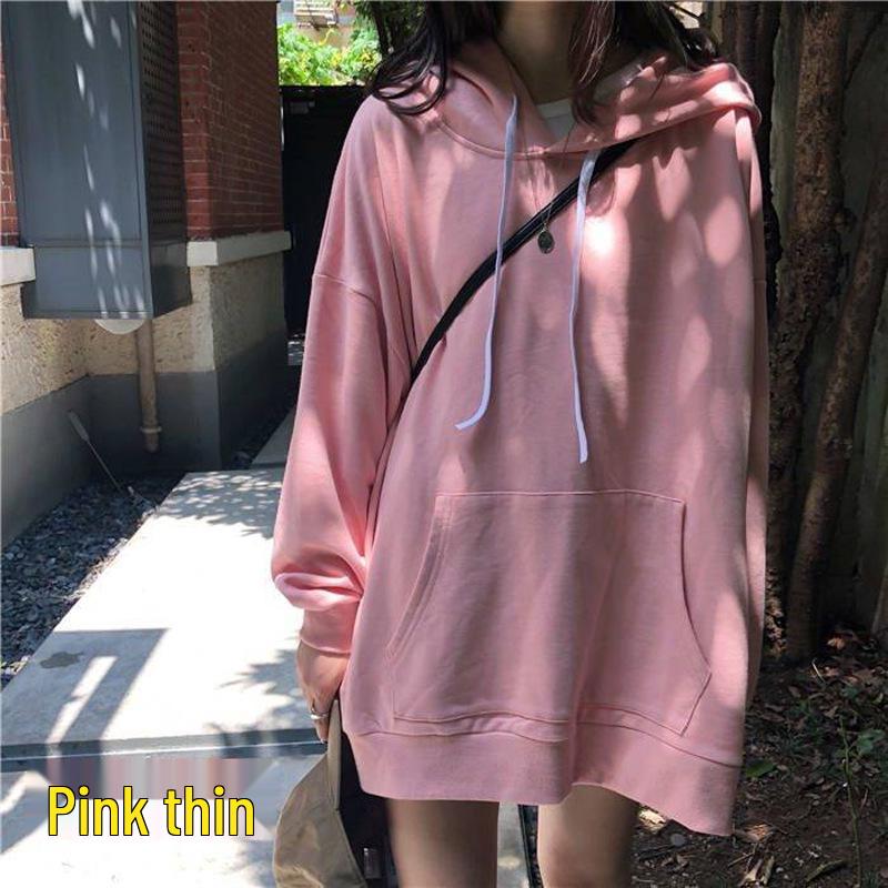 2025 Autumn Women's Korean Style Thin Long Sleeve Hoodie - Solid Color, Versatile, Mid-Length, Loose Fit.