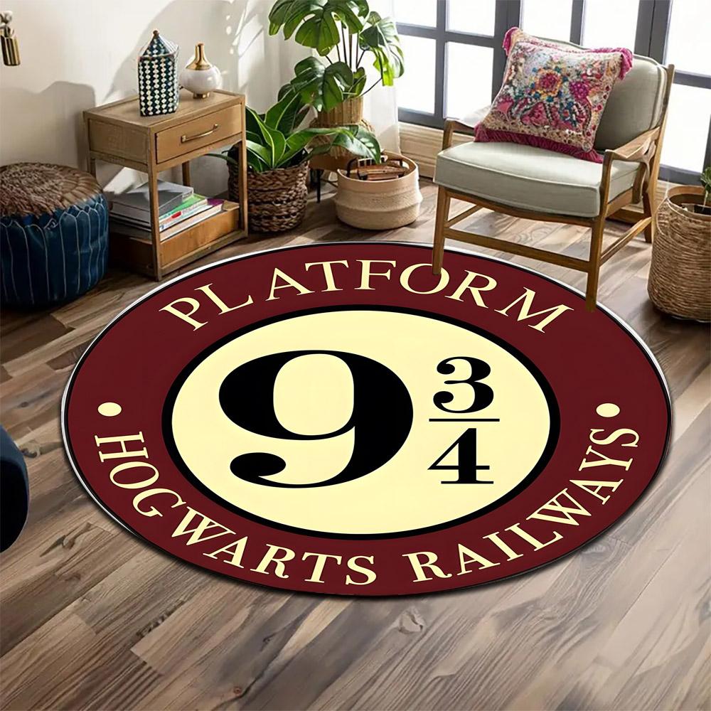 Platform 9 3/4 Hogwarts Sign Print round rug, living room, bedroom, playroom carpet, non slip floor mat, gift