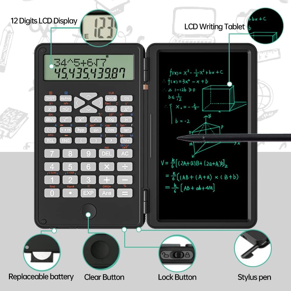 Scientific Calculator with Writing Tablet, Protable Foldable Calculator Notepad 2 in 1 LCD Science Calculator Notepad Professional Financial