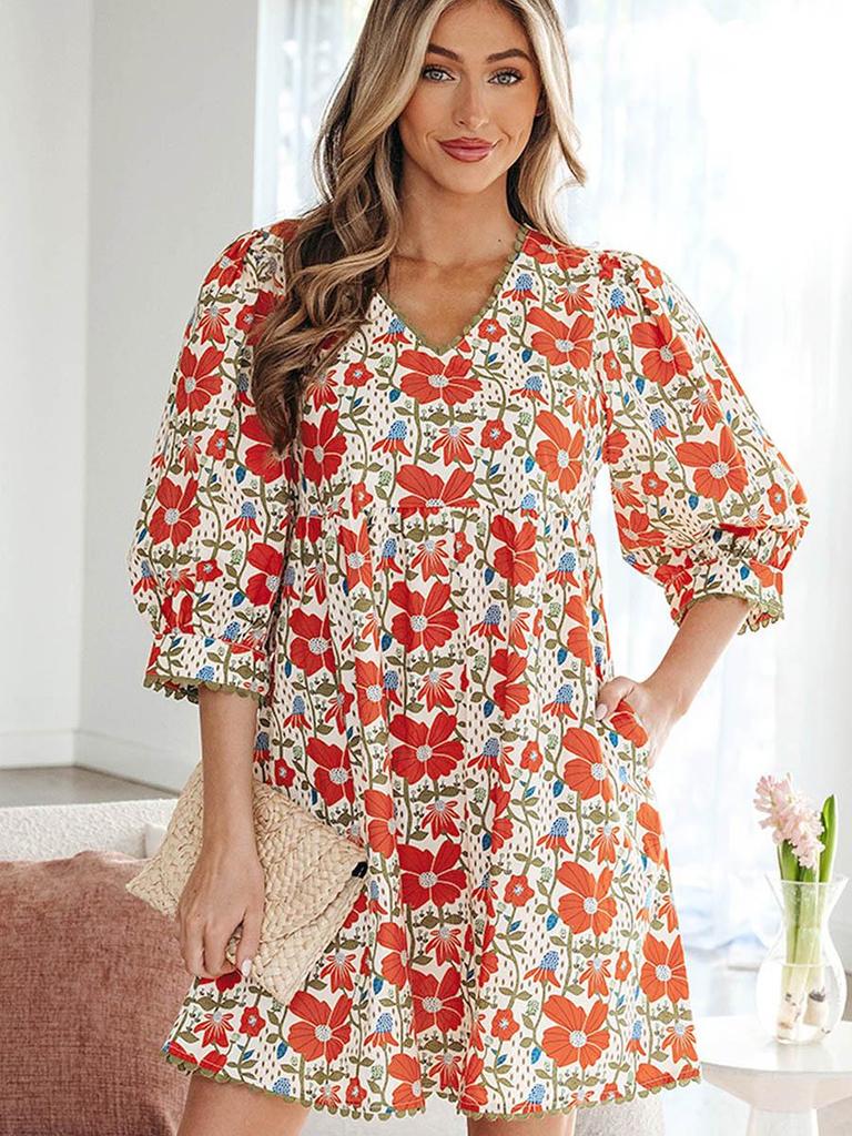 2026 Summer V-Neck Floral Print Dress: Versatile European and American Fashion Loose Cover-up Short Skirt for Women