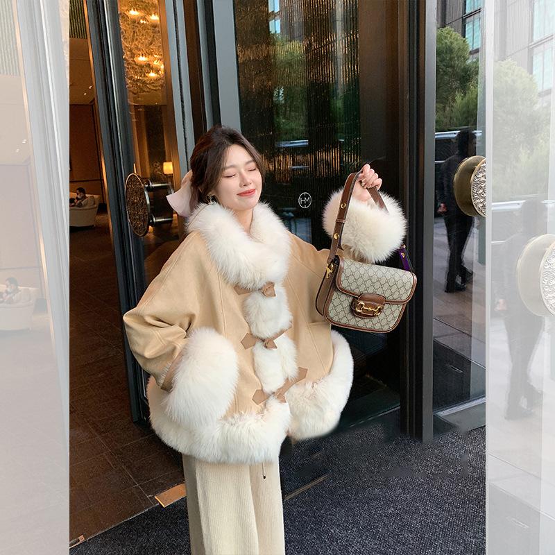 Imitation fox fur integrated locomotive jacket women's autumn and winter short 2024 new suede cotton clothing