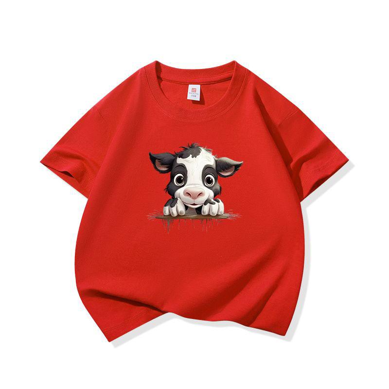 Kids Cotton T Shirt Black And White Cow Peeking Over Land Print Crew Neck Short Sleeve Tee Casual Boys Girls Summer Tops