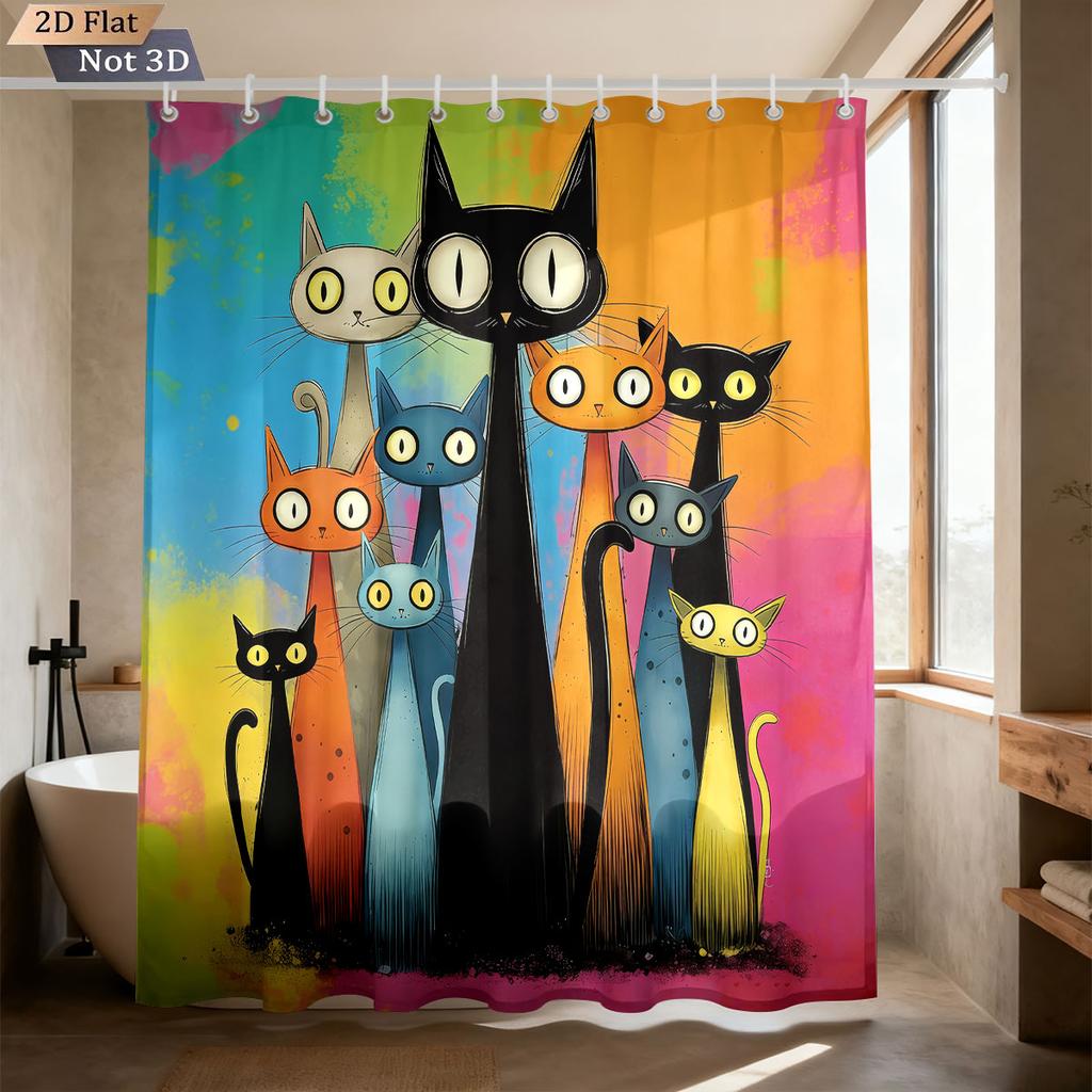 1Pc Color Cartoon Cat Print Waterproof Shower Curtain Partition Privacy Hanging Curtain, With 12 Hooks, Multiple Sizes