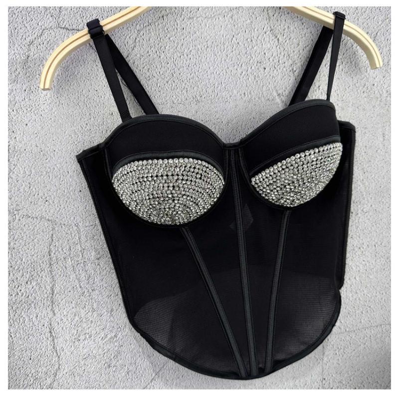Heavy-duty Crystal Bead Mesh Tank Top Women's Inner Layer Design-oriented Short-sleeve Sexy Fishbone Outerwear Strapless Top Camis & Tank Tops