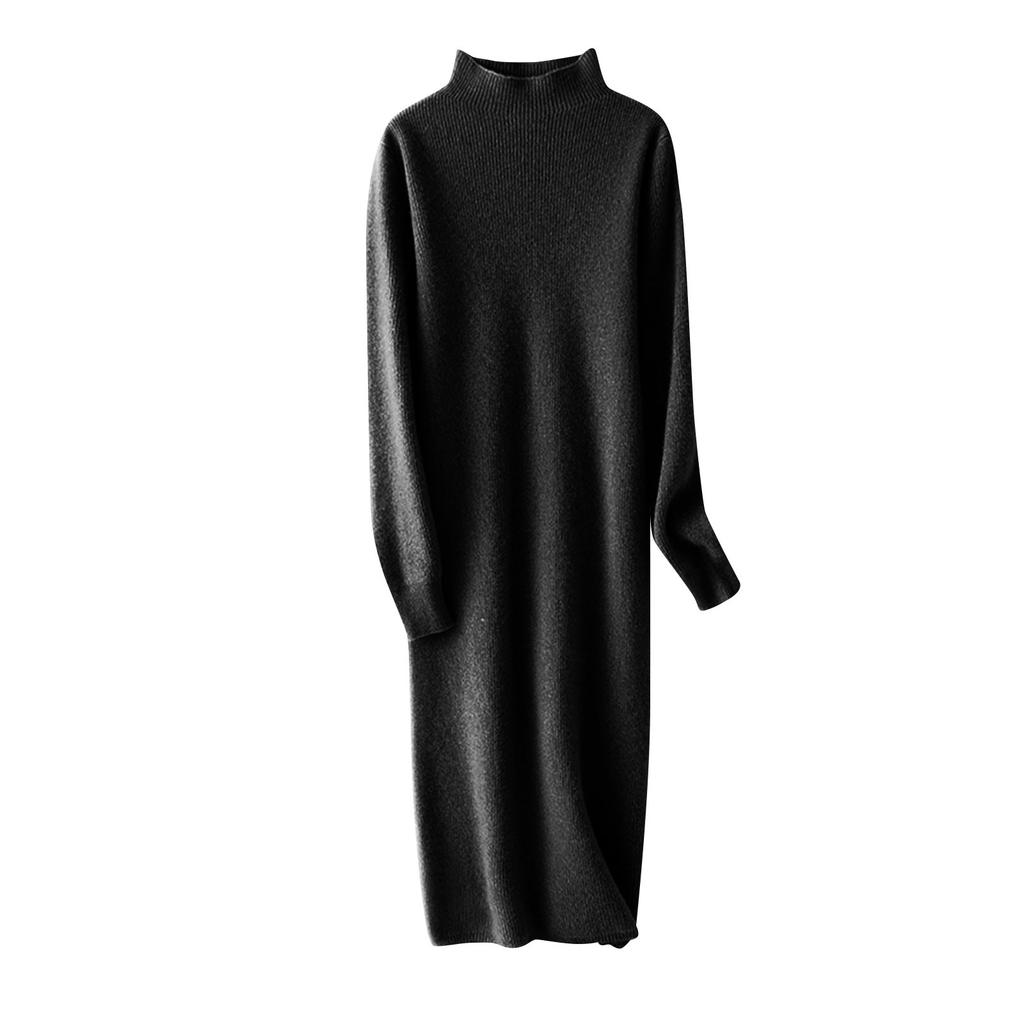 Damen Strickkleid mit halbem Stehkragen, einfarbig, Langarm-Pullover, langes Kleid