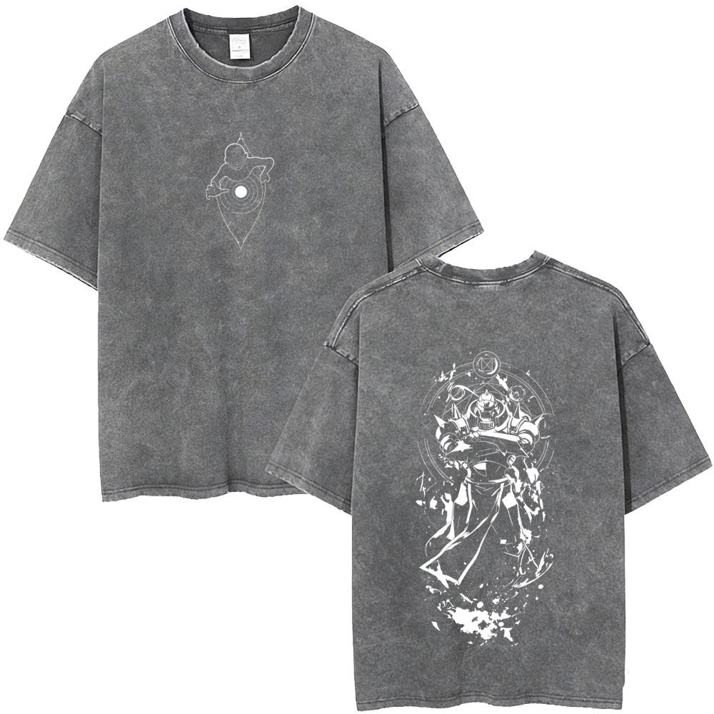 Camiseta Gráfica Lavada Vintage Anime Fullmetal Alchemist Edward Elric y Alphonse Elric para Hombre Mujer Manga Verano Retro Camisetas