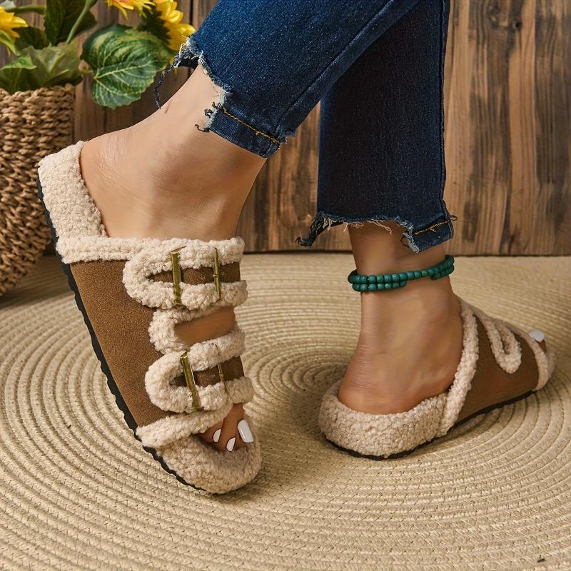 Women'S Cozy Fleece Slide Sandals - Brown & Beige Braided Design, Open-Toe Flat Slippers for Indoor/Outdoor Use, Casual Comfort