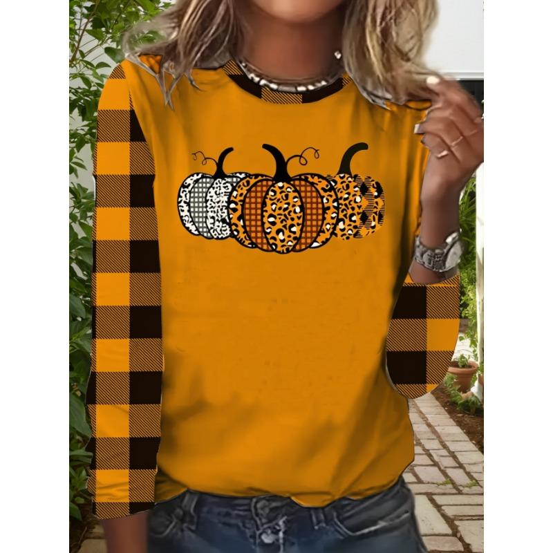Round Neck Long Sleeved Halloween Pumpkin Digital Printed T-shirt S