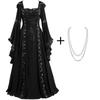 Medieval Retro Hooded Dress with Square Neck, Lace-Up Detail, and Bell Sleeves