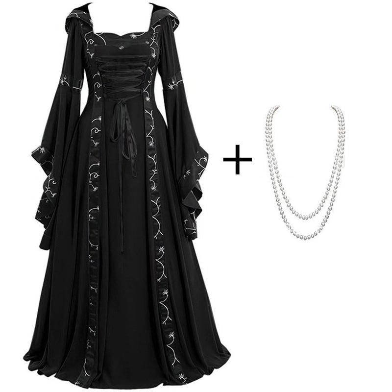 Medieval Retro Hooded Dress with Square Neck, Lace-Up Detail, and Bell Sleeves