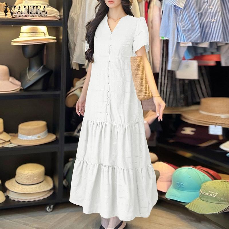 ZANZEA Women Elegant Embroidery Crochet Patchwork Short Sleeve Long Dress