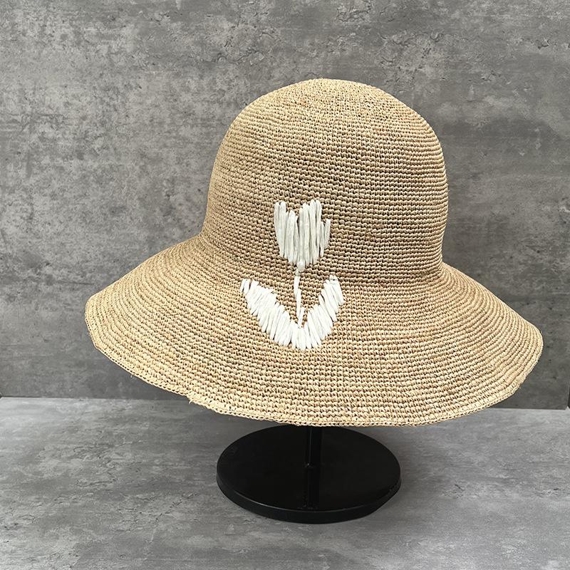 Thin Lafite Straw French Bucket Hat Women'S Big-Brimmed Straw Hat Tulip Handmade Crochet Vacation Beach Sun Hat