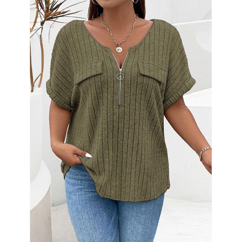Spring Summer New Solid Color Women's Top Zip Short Sleeve Faux Pocket Pullover T-shirt Loose