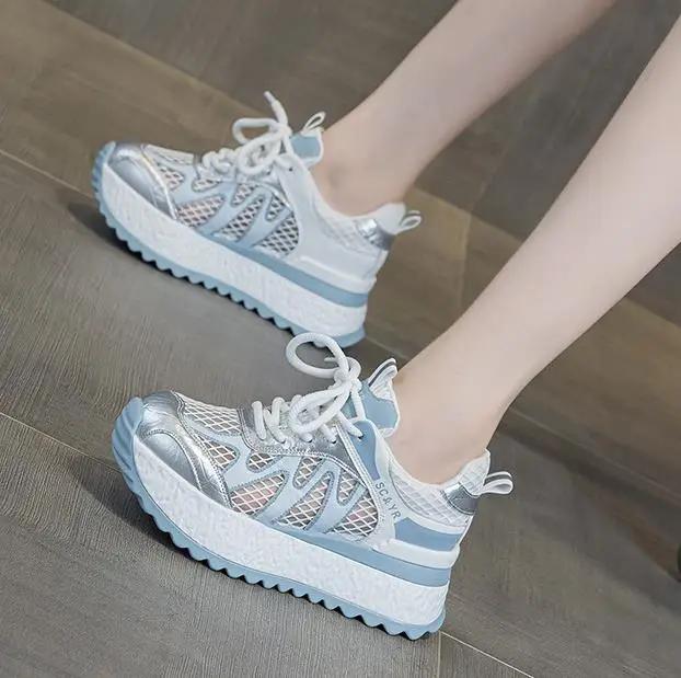 Fashion 7CM Women Summer Spring Air Mesh Shoes Mules Shoes Hollow Chunky Sneaker Slides Sandals Platform Wedge Microfiber Platform Wedge