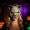 Halloweenowa Maska Czaszki Kota Zwierzęca dla Dorosłych, Straszna Półtwarzowa Klimatyczna Maska Kostiumowa, Przerażający Szkielet Akcesorium Imprezowe Cosplay, Bal Maskowy
