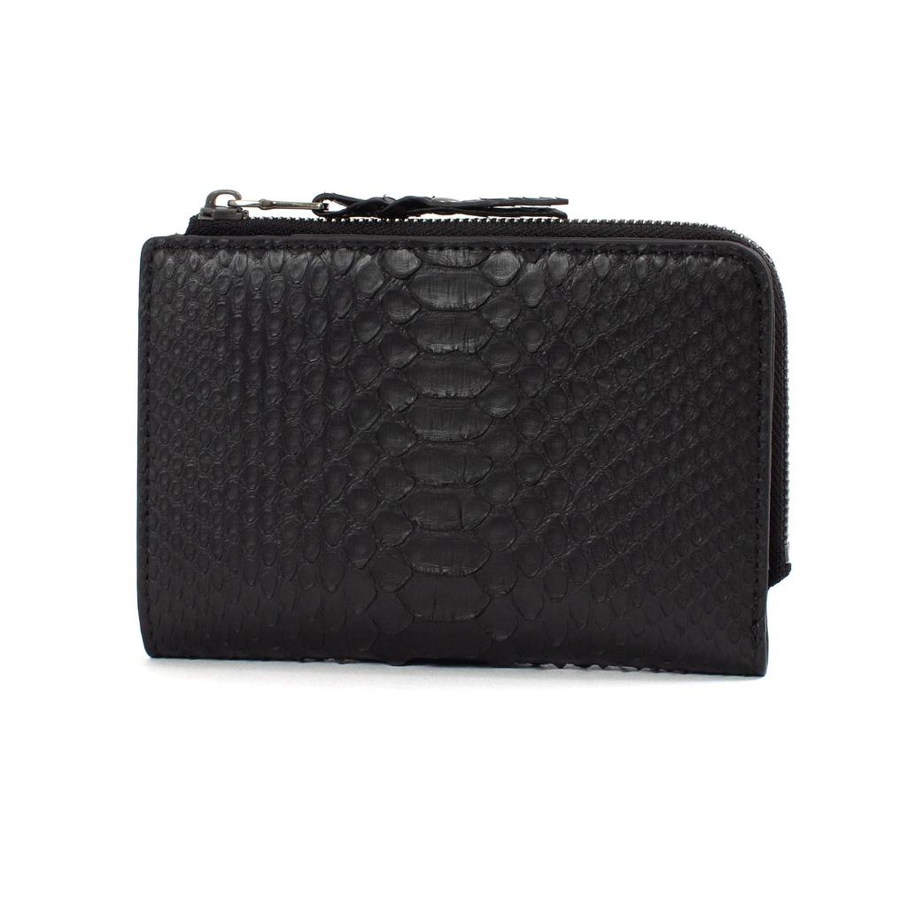 Doubles Bifold Wallet with Deep Bill Matte Python Leather and Italian Cowhide Leather KSK-7052 Compartment, L-Shaped Zipper, (Black)