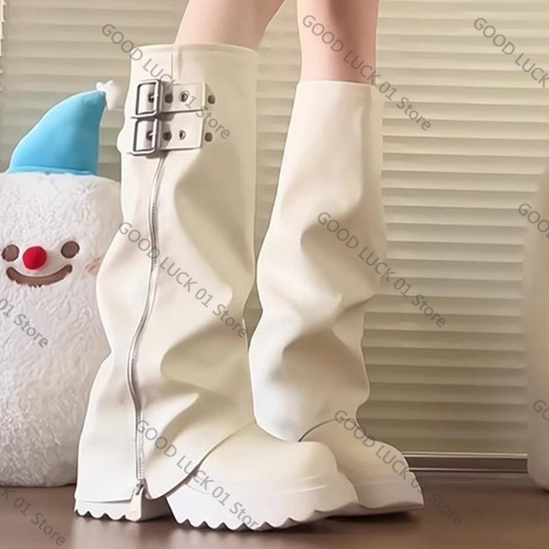 Fashion 2025 Punk Style Splicing Thick Bottom Women Knee-High Boots Fashion Zipper Female Pleated Knight Long Booties Shoes