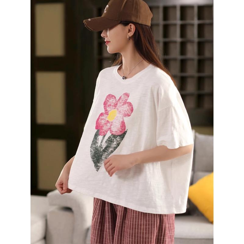 DIMANAF 2025 Summer Cotton T-shirt Women Flower Printing Short Sleeve Loose Green Blue T-shirt
