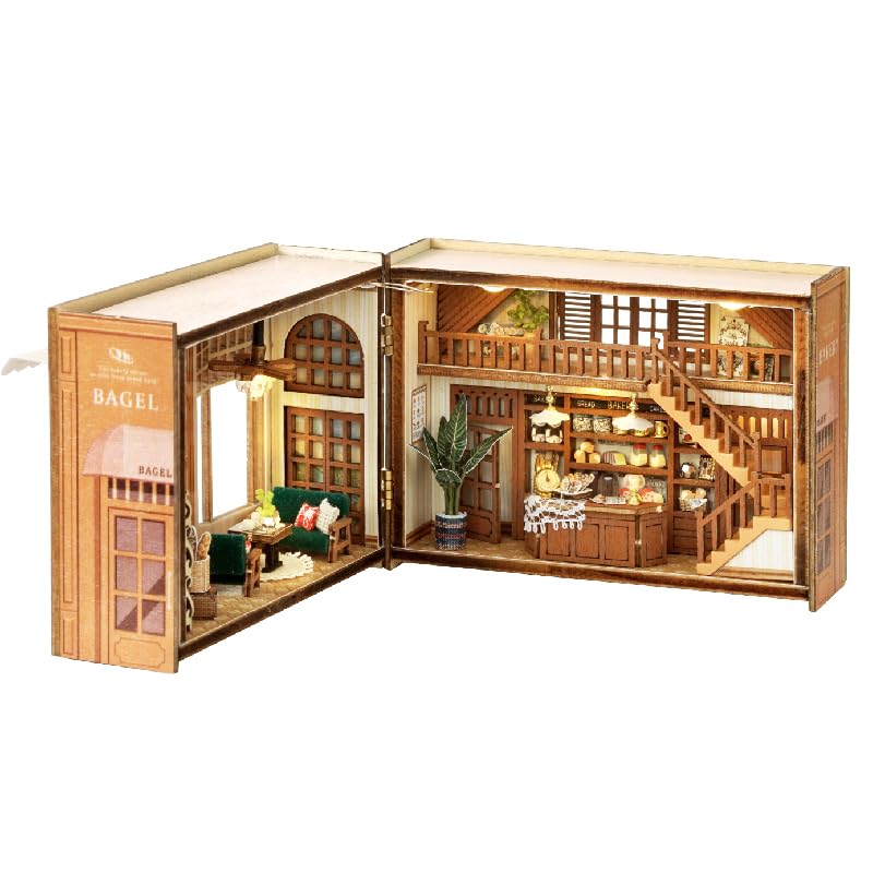 ZKEIZU Kit Modello in Legno Fatto a Mano per Casa delle Bambole in Miniatura DIY Regalo da Collezione con Luci a LED Artigianato per Adulti (Ora del Bagel)
