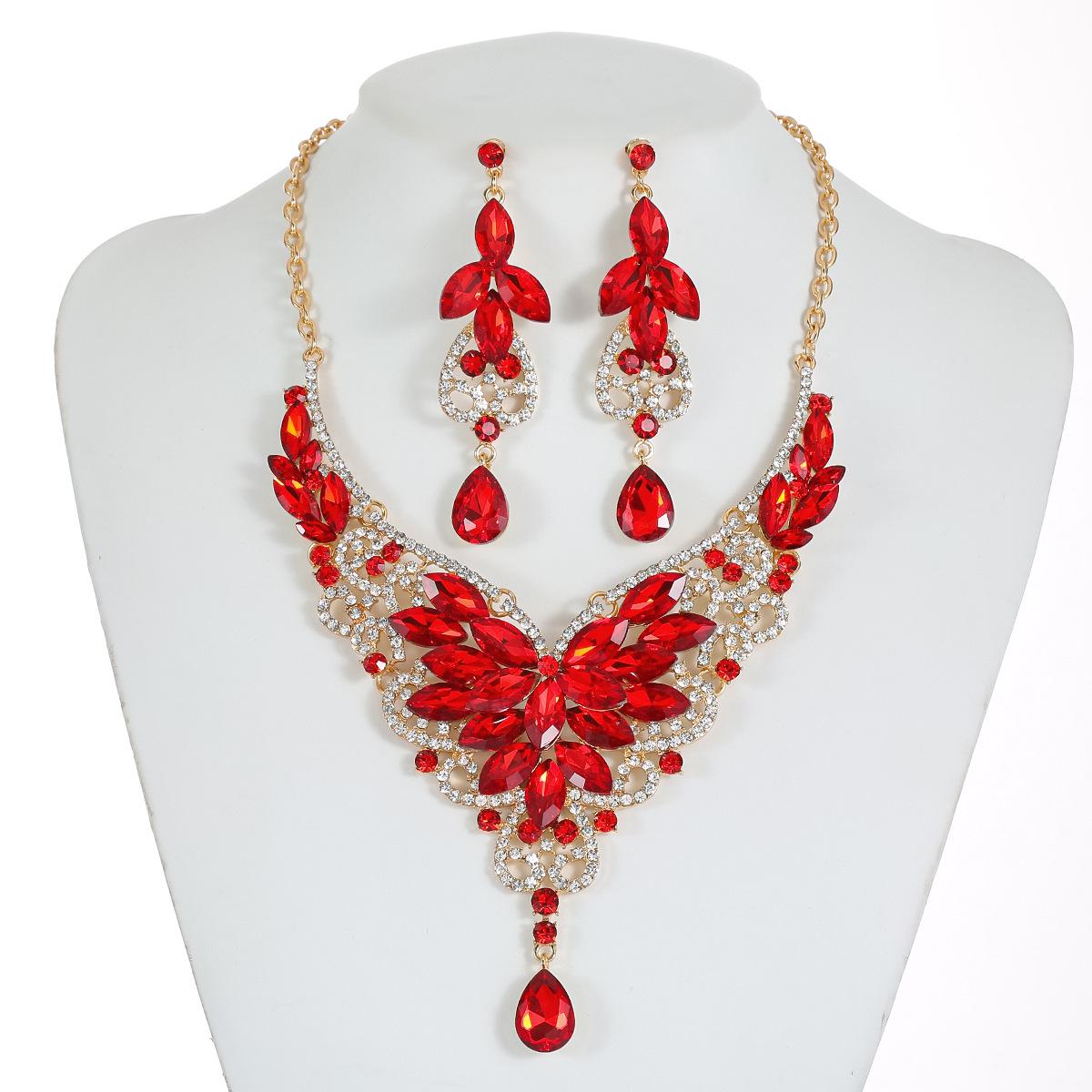 Übertriebenes Retro Kristall Edelstein Halsketten Set - Europäischer & Amerikanischer Schmuck für Damen rot