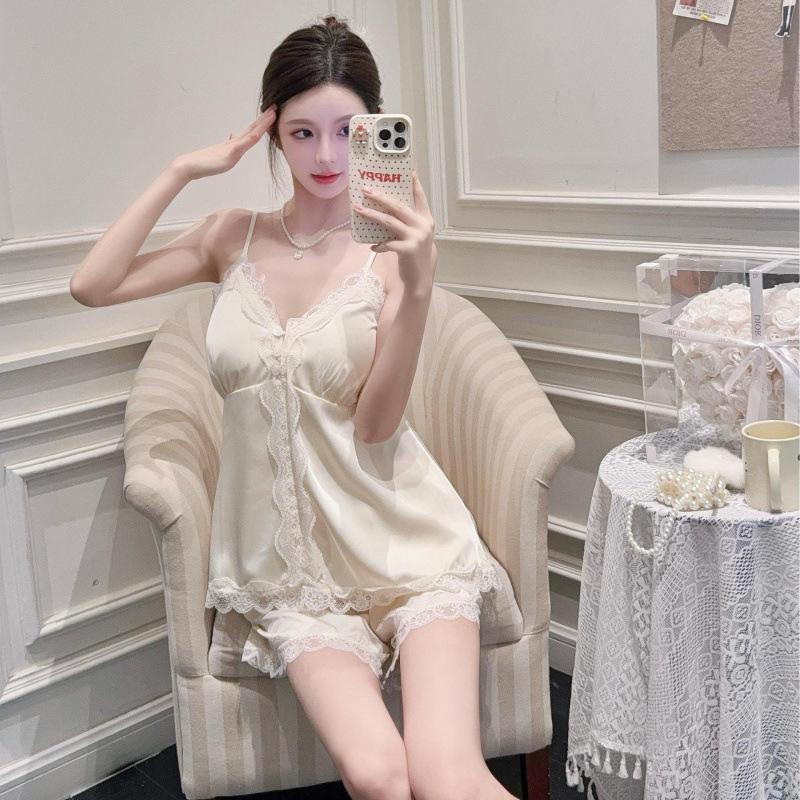 Summer sweet girl suspender shorts nightgown ice and snow silk thin lace lace pure desire wind loungewear three-piece set