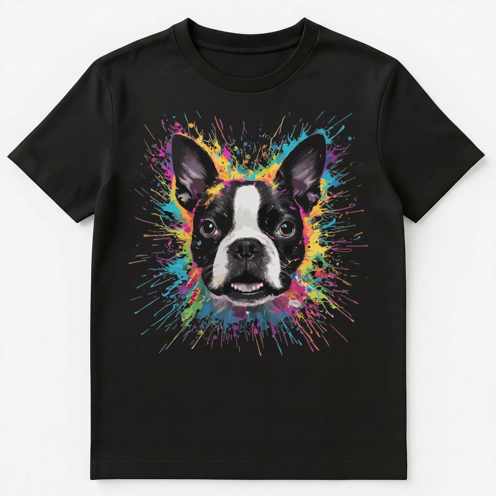 Colorful Paint Splash Cute Boston Terrier Art Graphic Unisex T-Shirt M