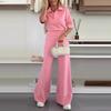 Yousheng 2Pcs/Set Women Casual Shirt Pants Suit Solid Color Spring Summer Turn Down Collar Short Sleeve Top High Waisted Wide Leg Pants Long Trousers
