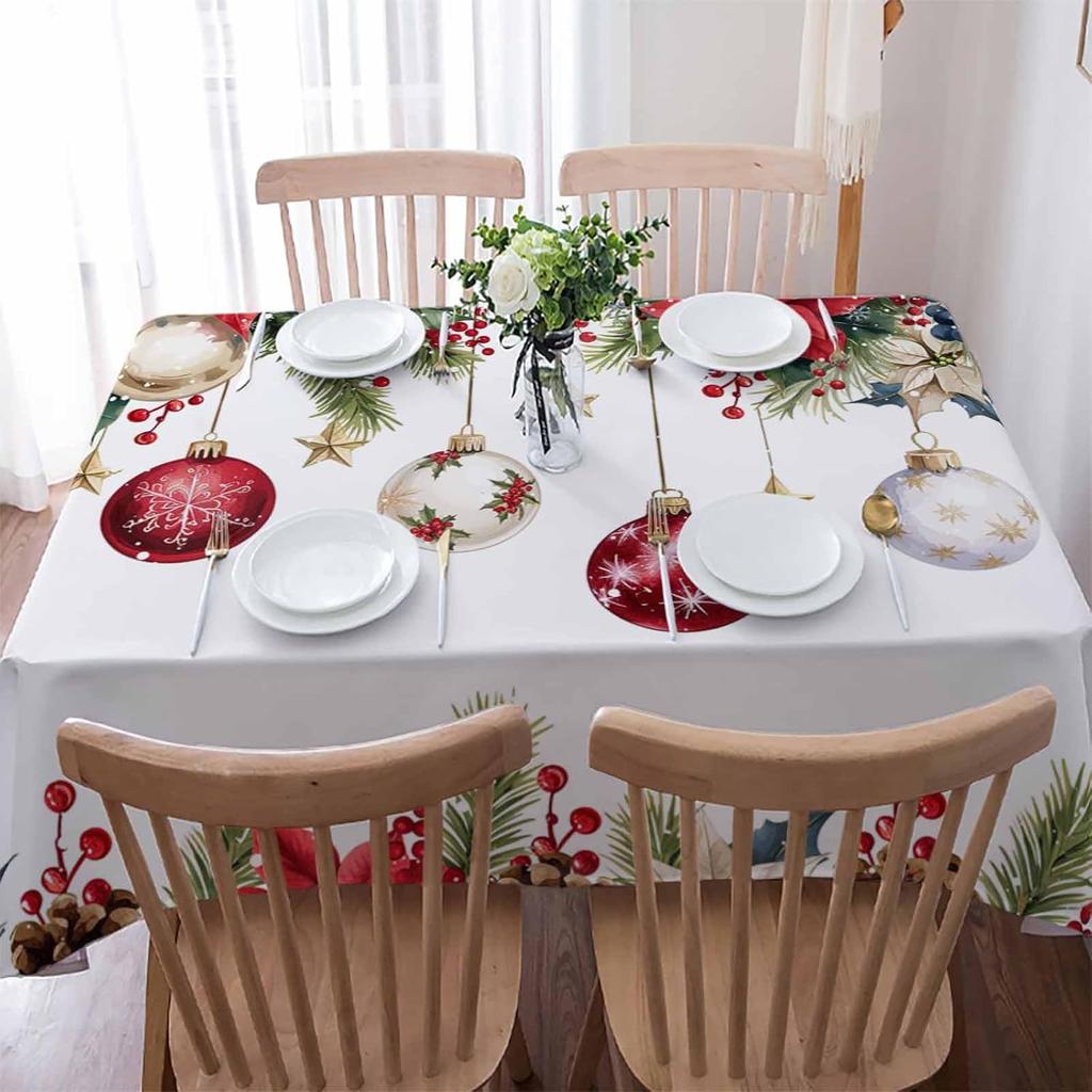 Weihnachts-Poinsettia-Beere Weihnachts-Kugel Wasserdichte Tischdecke für Tischdeko Winter Küche Esszimmer Tischdecke Weihnachtsdekoration