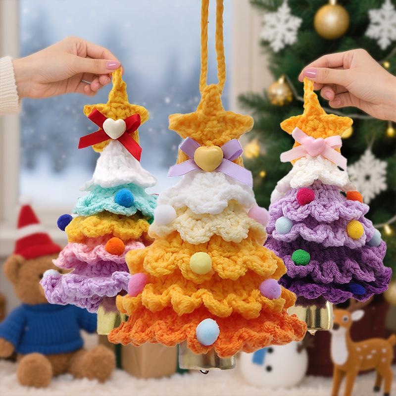Fluffy Knitted Crochet Christmas Tree Pendant with Jingle Bell for Xmas Stocking Stuffer Home Holiday Party Decor