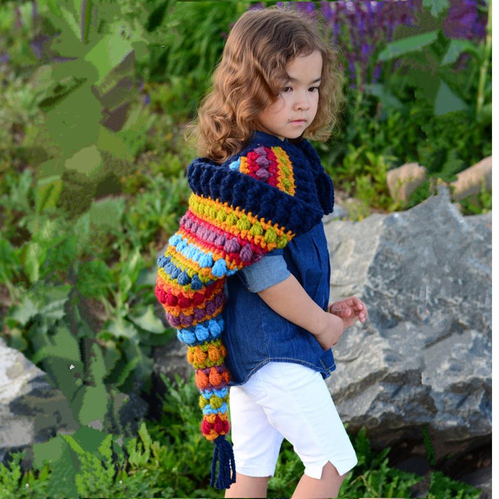 Winter new thickened children's hat wool crochet rainbow long tail hat European and American girls elf wizard princess keep warm