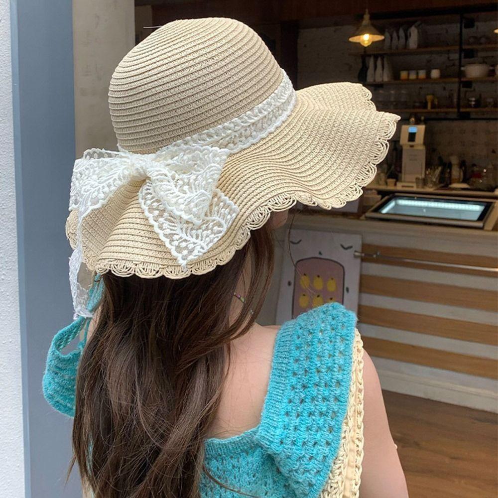 French Style Lace Bow Straw Hat Big Brim Women's Sun Hat Elegant Beach Straw Hat  Girls