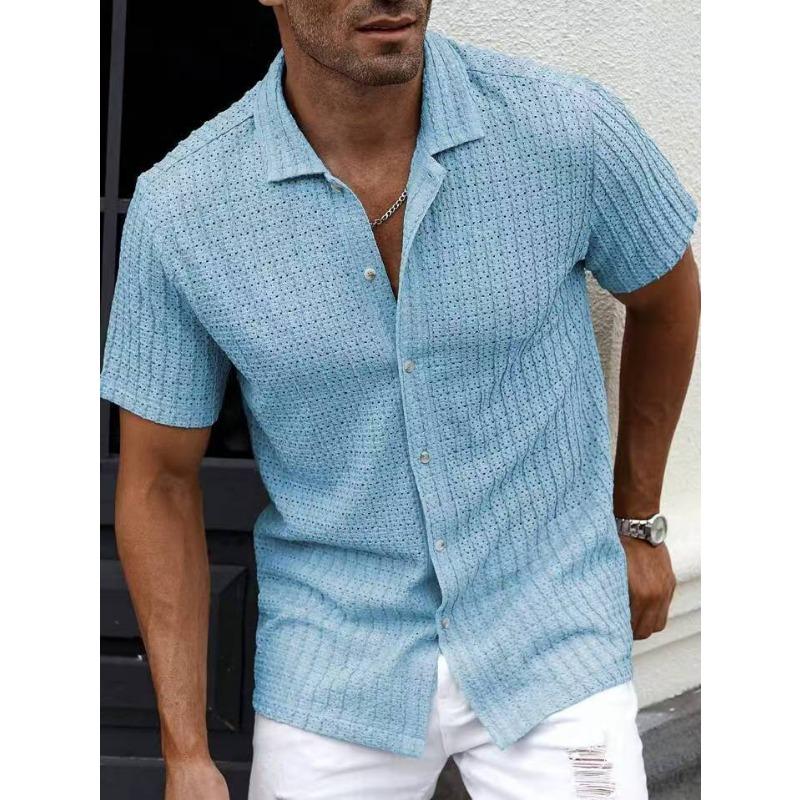 

Summer Fashion Polo-neck Hollow Out Casual Fashion Shirt Male Short Sleeve Solid All-match Cardigan Top Men 2XL небо синє кольору