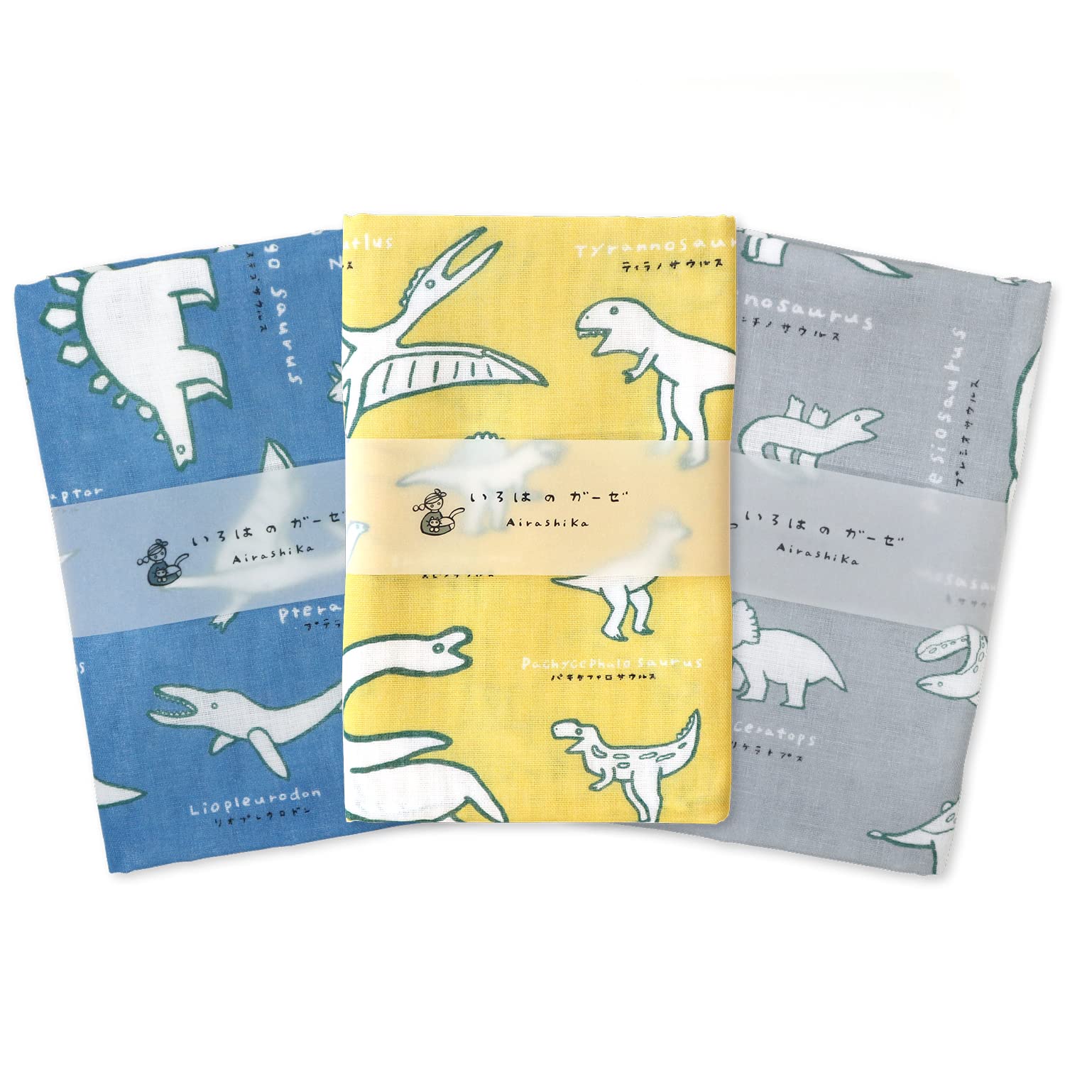 

Set of 3 Gauze Hand Dinosaur and Made in 88 x 35 Iroha Mameo Series Towels, Design, Yellow, Gray, Blue, Japan, 100% Cotton, cm,
