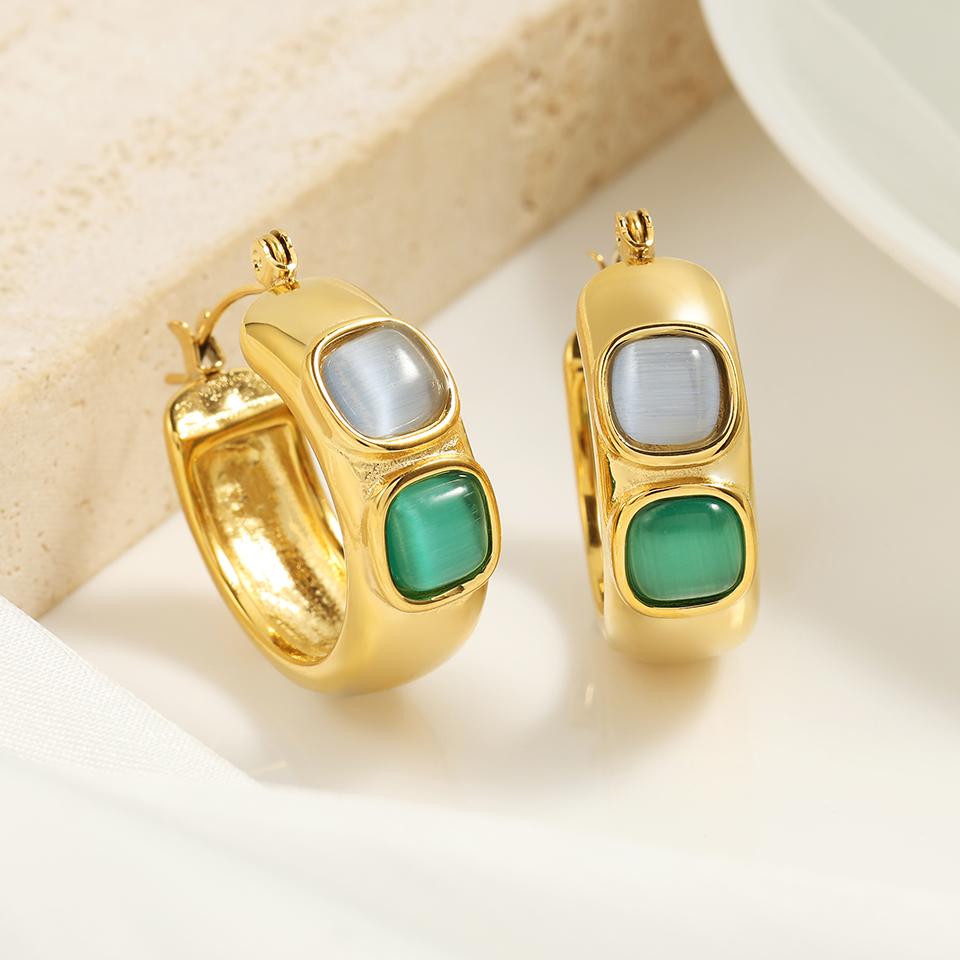 Gold Color Plated Stainless Steel Hoop Earrings for Women Vintage Green Stone Charms Trendy Waterproof Jewelry Gift