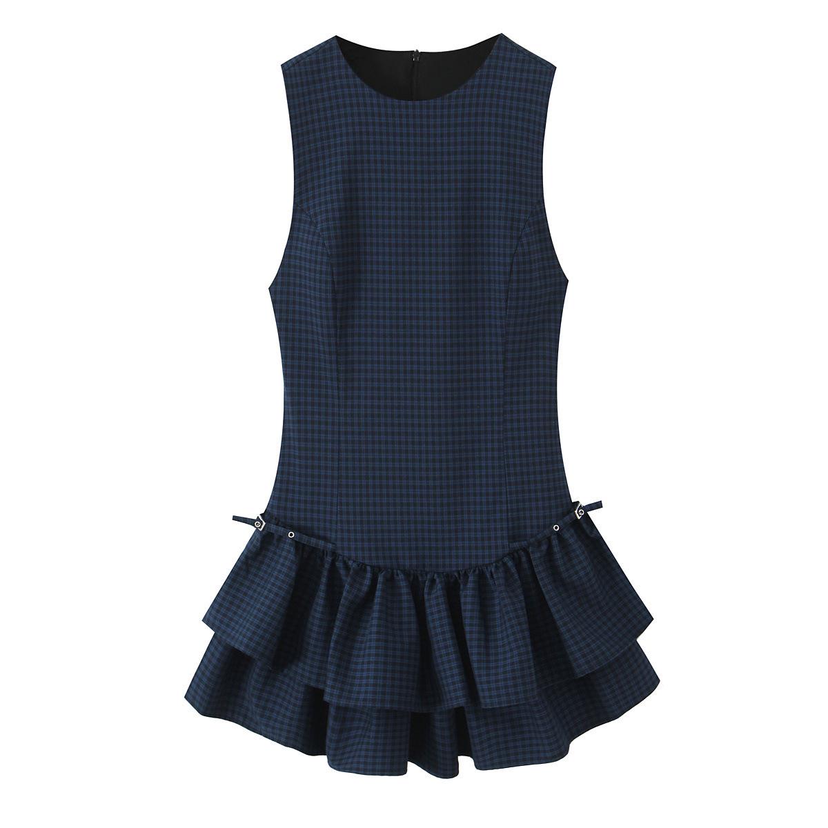 Women s Plaid Layered Short Dress with Decorative Hem Extra Small