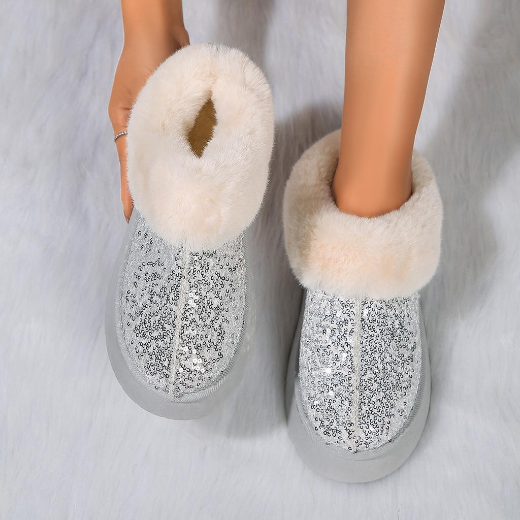 Autumn and winter women's winter boots in large sizes with thick soles made of thick plush with a top embroidered with sequins