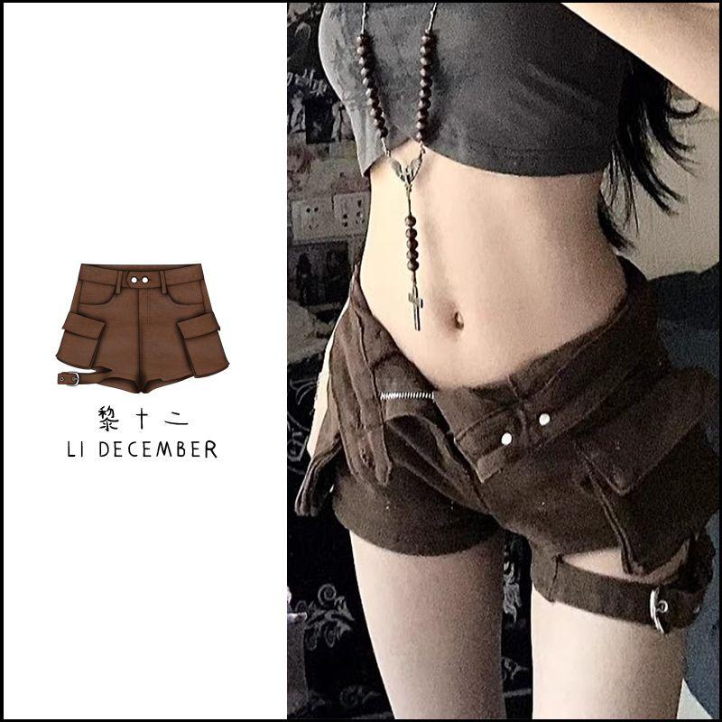 

Y2g Millennium Style European and American Style Gyaru Retro Denim Super Short Shorts Women Design Sense Lace-up Cargo Wide Leg Hot Pants Brown S