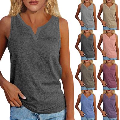 Summer Women's V-Neck Sleeveless Cuff Solid Color Pocket Casual Street Style T-Shirt Top Vest