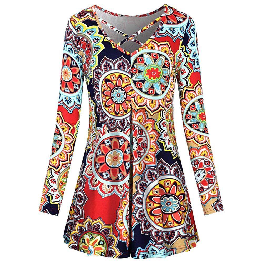 Vintage Print Long Sleeve for Women V-neck Button Down High Waist Irregular Long Sleeve Shirt Breathable Lightweight Soft Comfortable Work Top