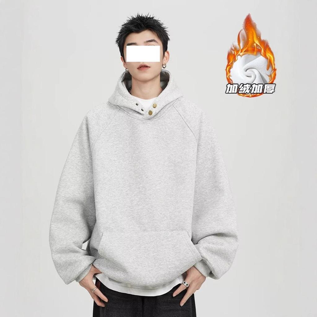 Heavy Button Hooded Sweater Men's Spring and Autumn Velvet Trendy Brand Loose Casual Solid Color Versatile American Hoodie Jacket